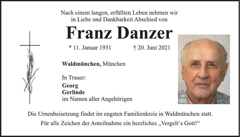 Traueranzeige Franz Danzer