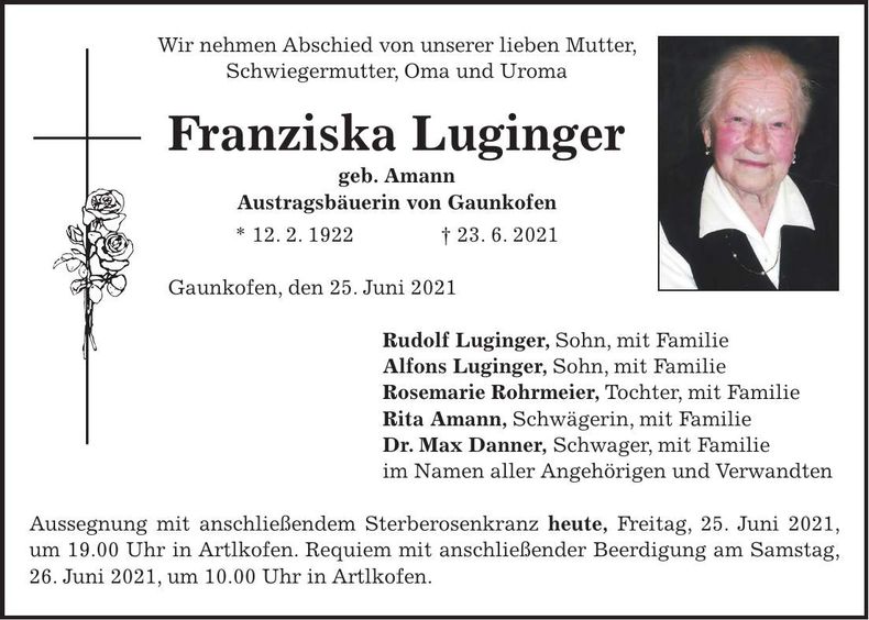 Traueranzeige Franziska Luginger