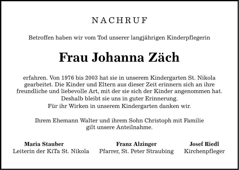Traueranzeige Johanna Zäch