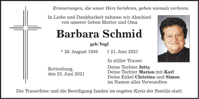 Traueranzeige Barbara Schmid