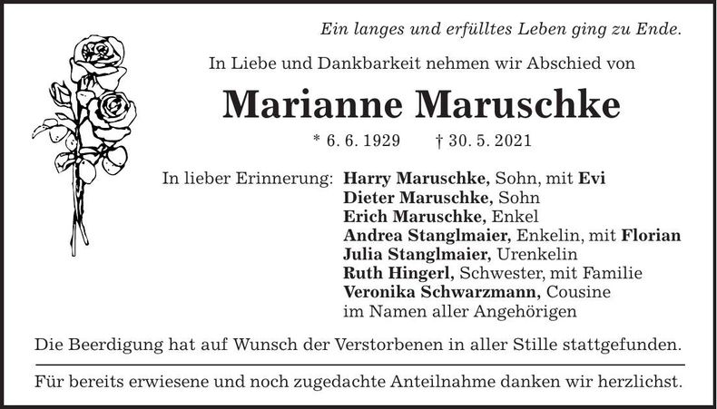 Traueranzeige Marianne Maruschke