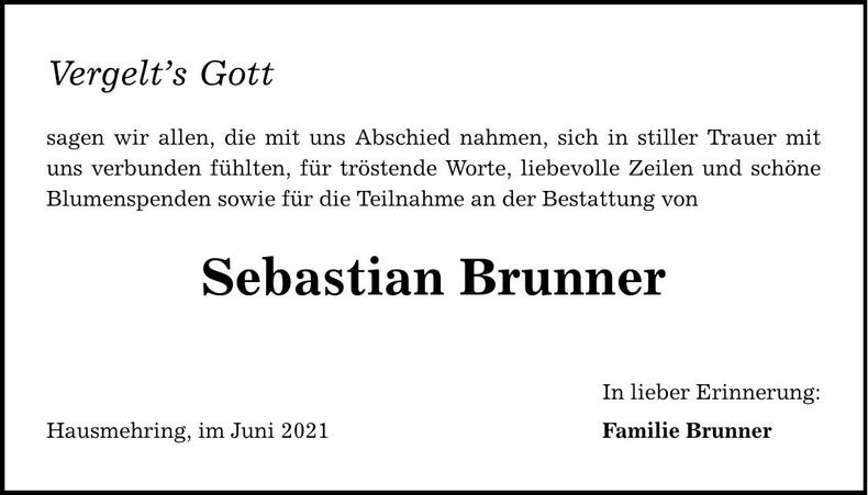 Traueranzeige Sebastian Brunner