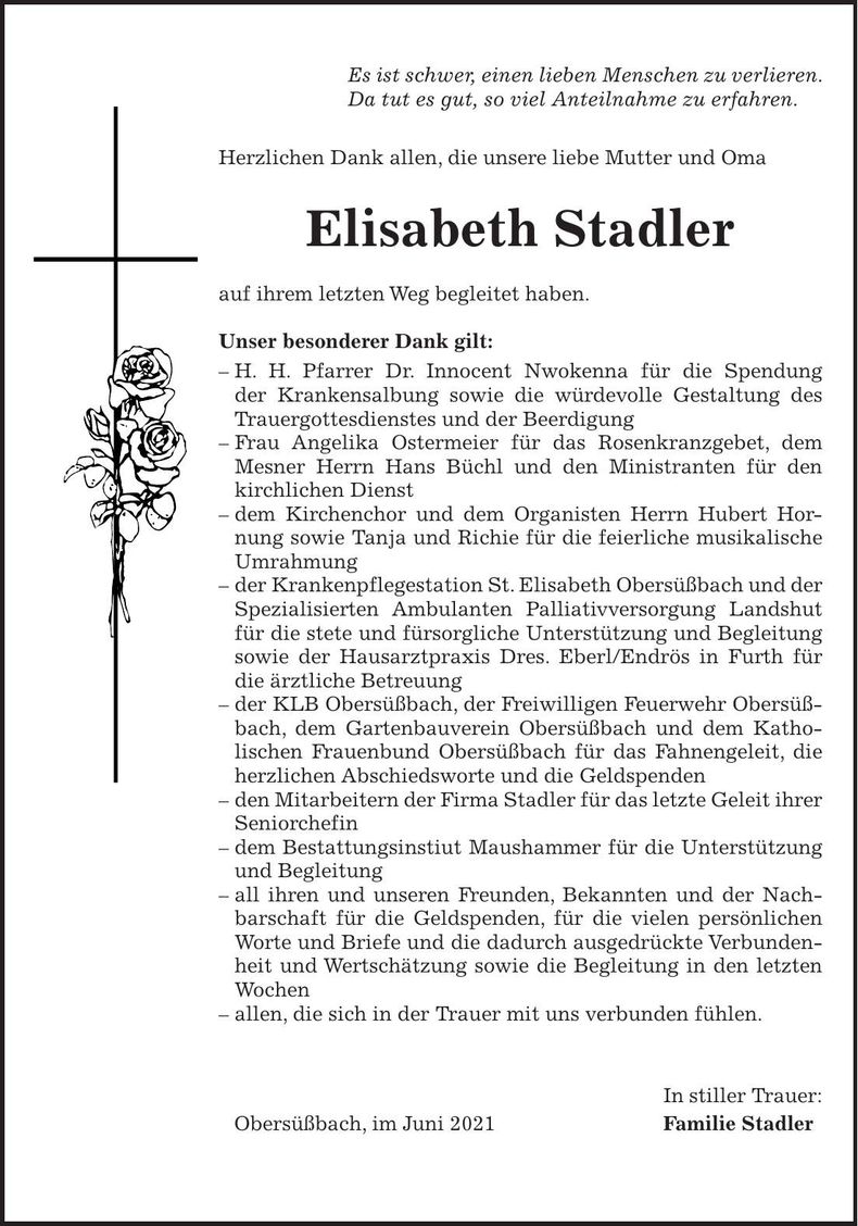 Traueranzeige Elisabeth Stadler