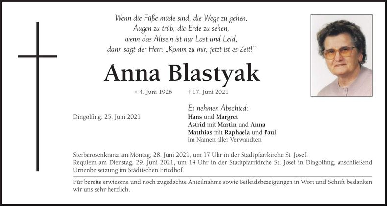 Traueranzeige Anna Blastyak