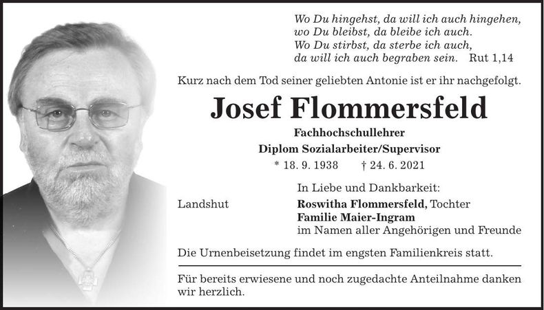 Traueranzeige Josef Flommersfeld