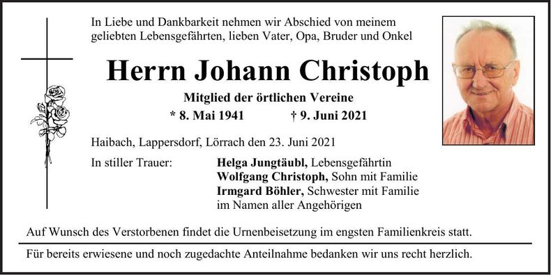 Traueranzeige Johann Christoph