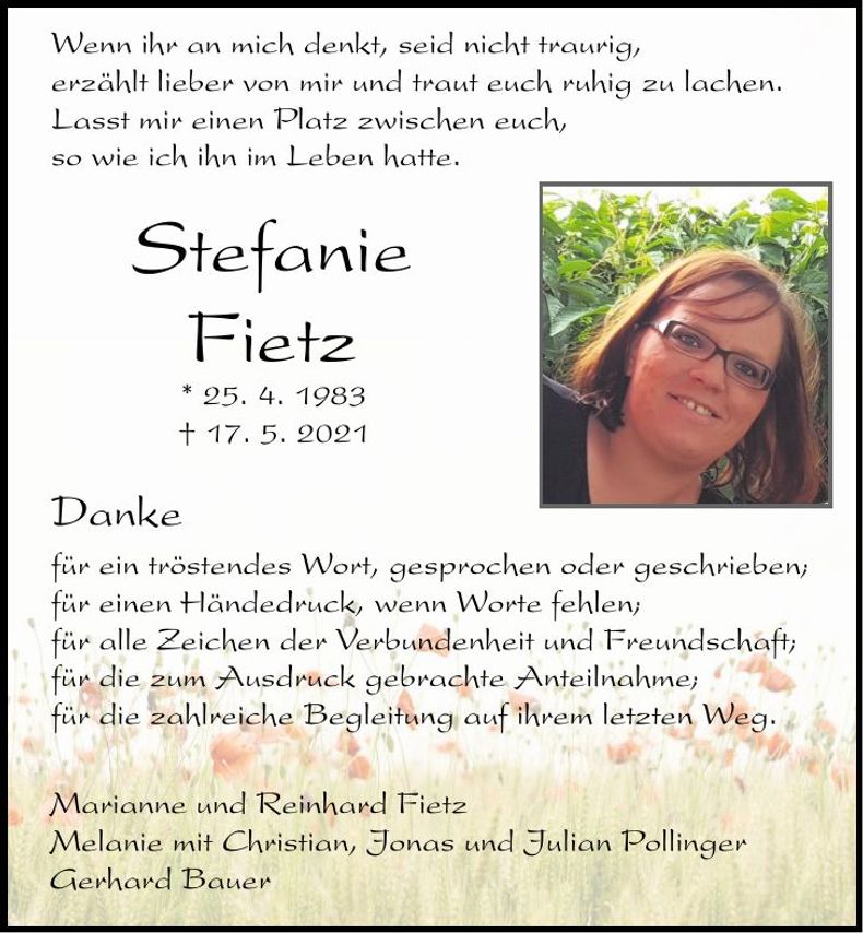 Traueranzeige Stefanie Fietz