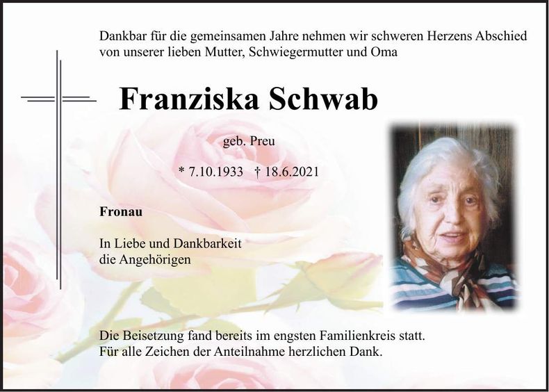 Traueranzeige Franziska Schwab