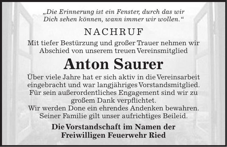 Traueranzeige Anton Saurer