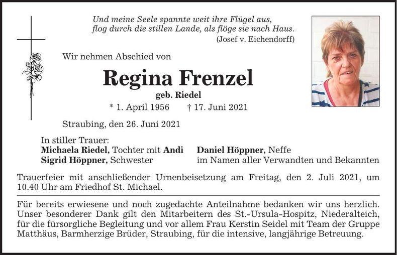 Traueranzeige Regina Frenzel