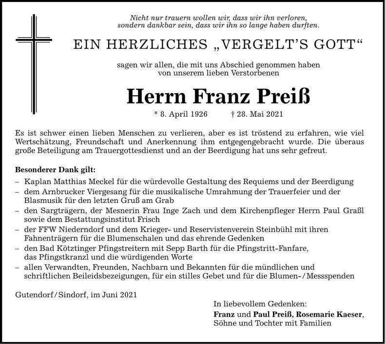 Traueranzeige Preiß Franz