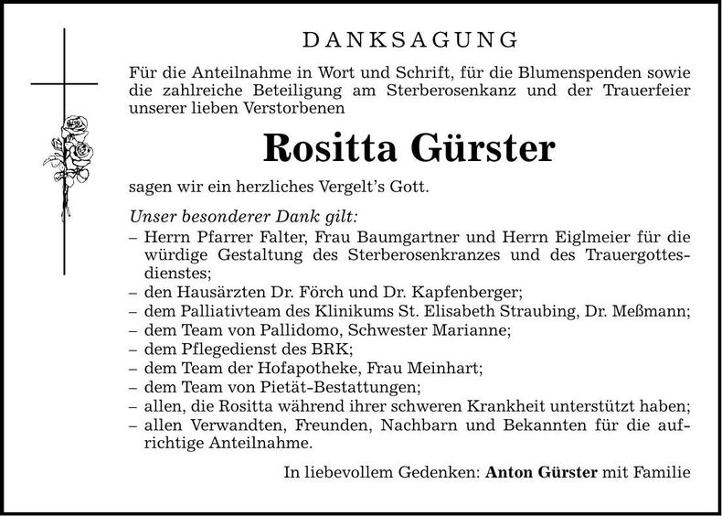 Traueranzeige Rositta Gürster