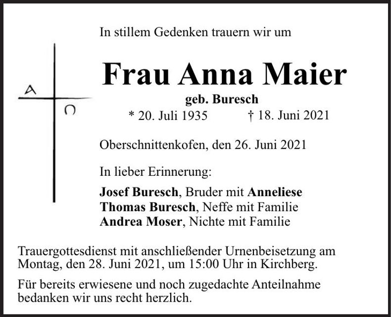 Traueranzeige Anna Maier