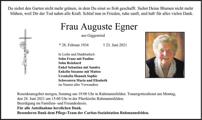 Traueranzeige Egner Auguste