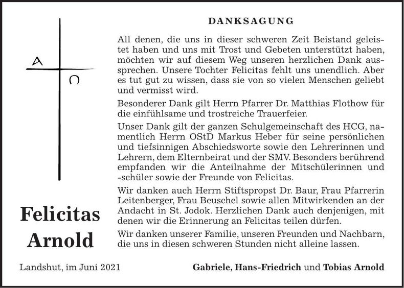 Traueranzeige Felicitas Arnold