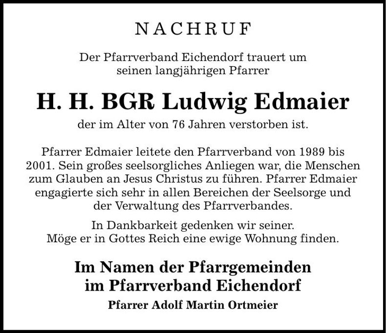 Traueranzeige H. H. BGR Ludwig Edmaier