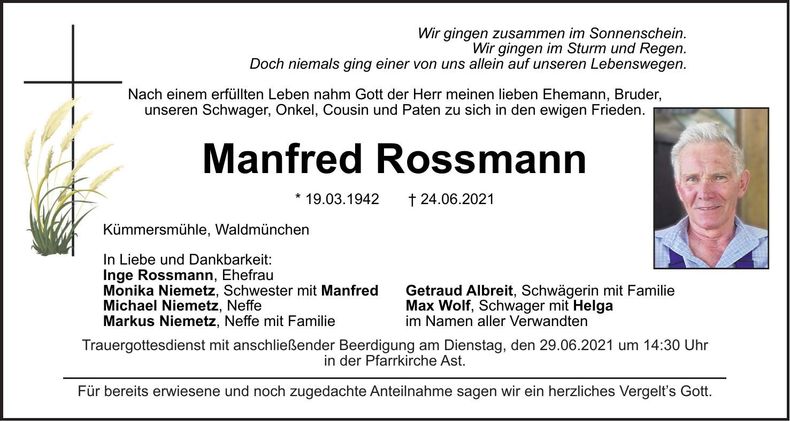 Traueranzeige Manfred Rossmann
