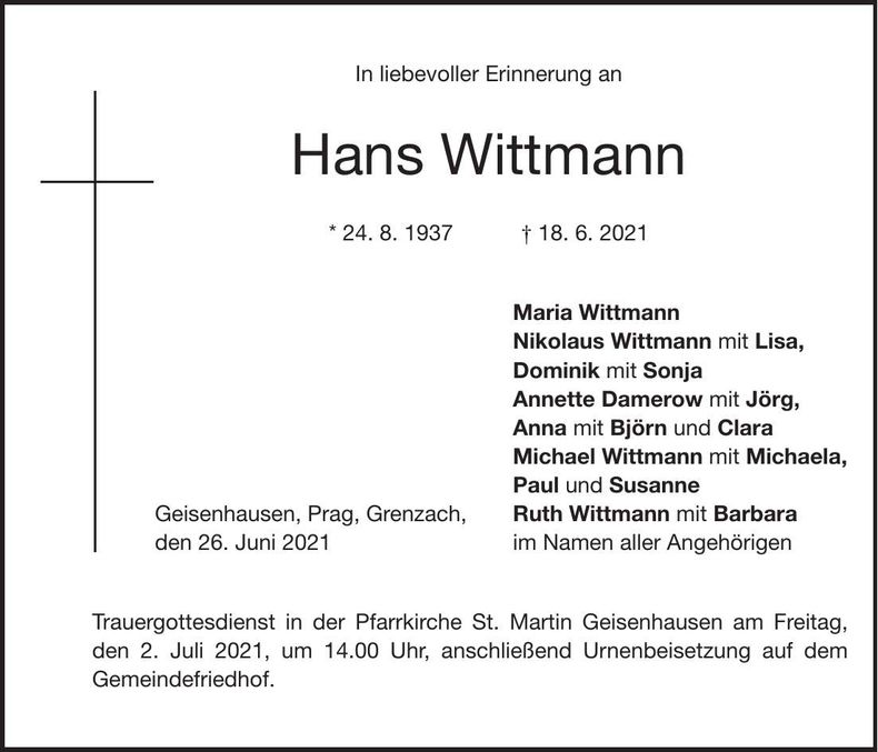Traueranzeige Hans Wittmann