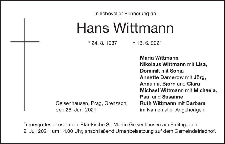 Traueranzeige Hans Wittmann