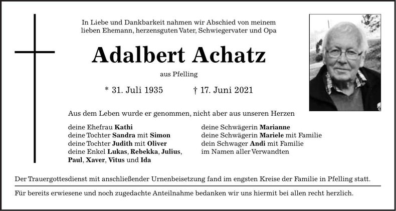 Traueranzeige Adalbert Achatz