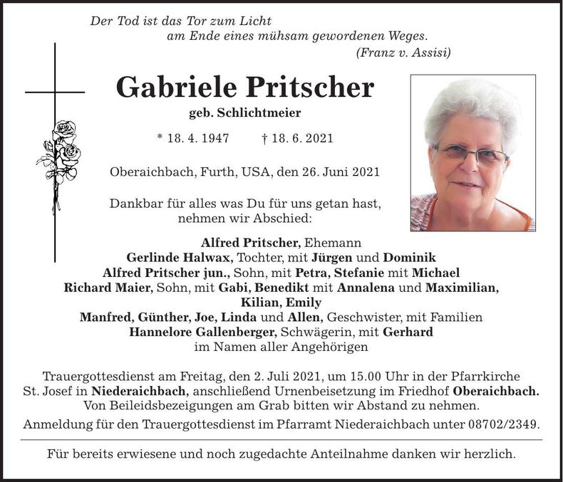 Traueranzeige Gabriele Pritscher