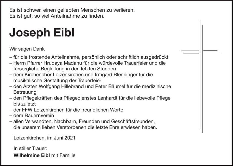 Traueranzeige Joseph Eibl