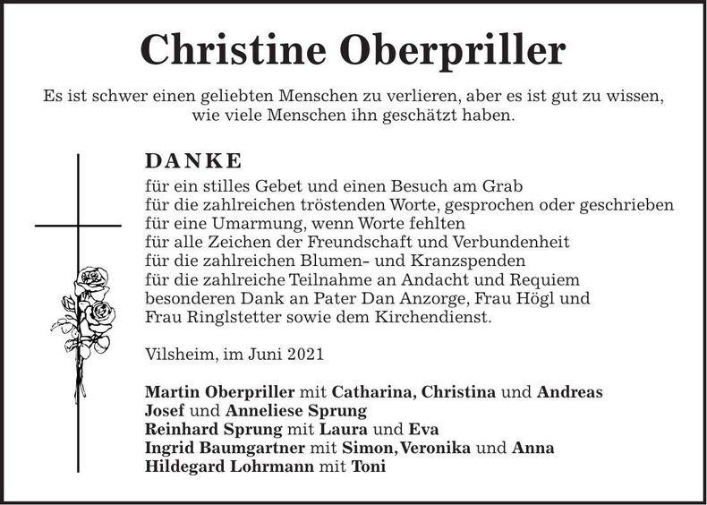 Traueranzeige Christine Oberpriller