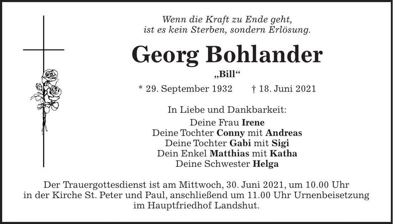 Traueranzeige Georg Bohlander
