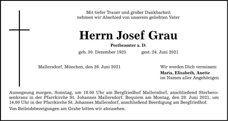 Traueranzeige Josef Grau