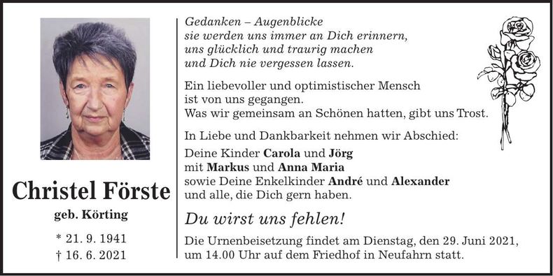 Traueranzeige Christel Förste