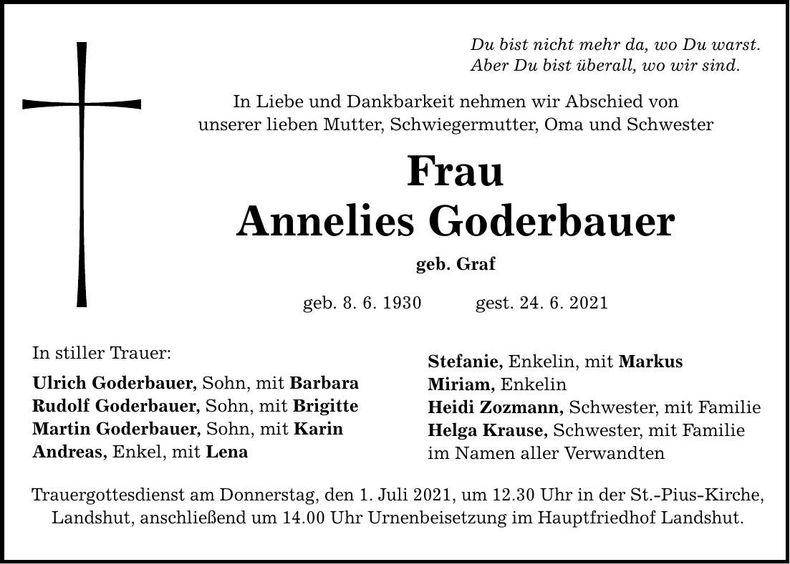 Traueranzeige Annelies Goderbauer