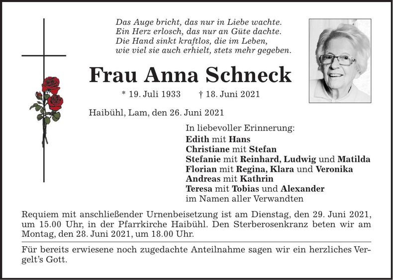 Traueranzeige Anna Schneck