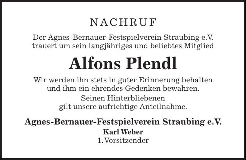 Traueranzeige Alfons Plendl
