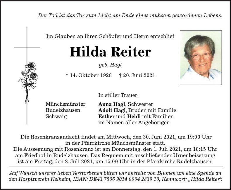 Traueranzeige Hilda Reiter