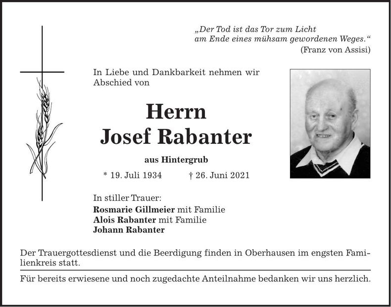 Traueranzeige Josef Rabanter