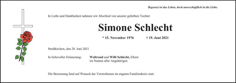 Traueranzeige Simone Schlecht