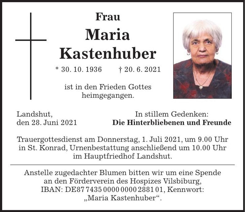 Traueranzeige Maria Kastenhuber