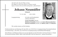 Traueranzeige Johann Neumüller