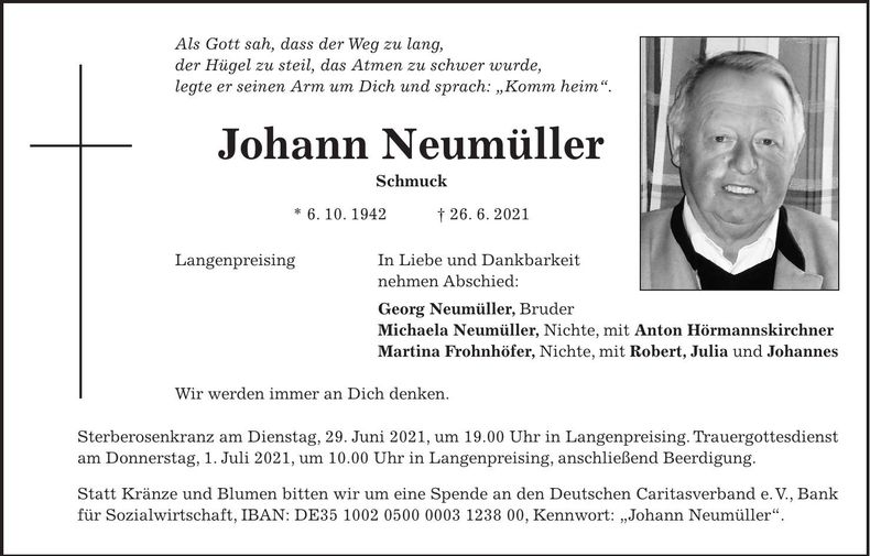 Traueranzeige Johann Neumüller
