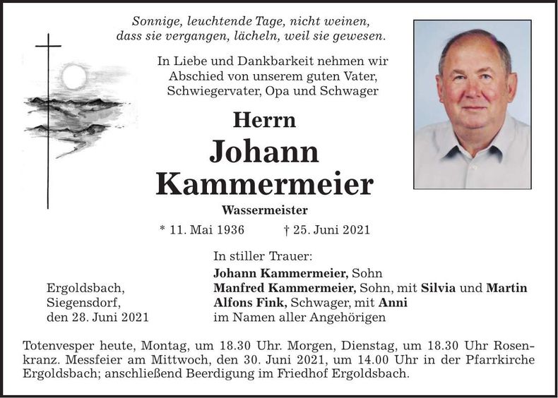 Traueranzeige Johann Kammermeier