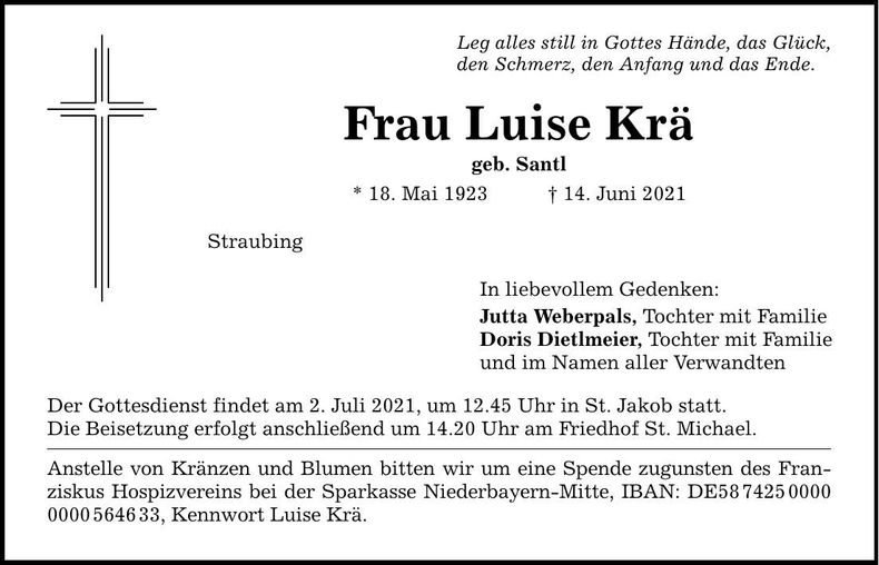 Traueranzeige Luise Krä