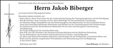Traueranzeige Jakob Biberger