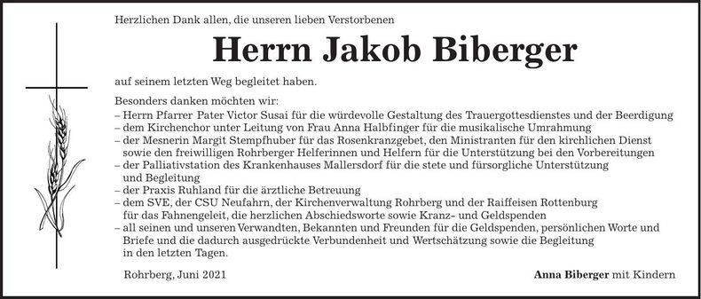 Traueranzeige Jakob Biberger