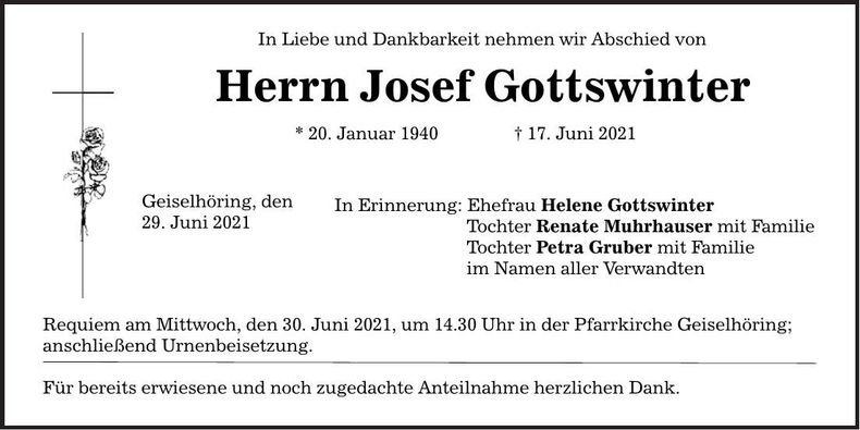 Traueranzeige Josef Gottswinter