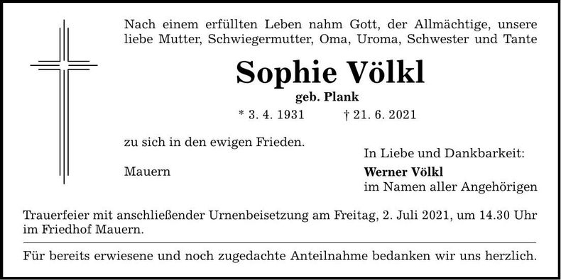 Traueranzeige Sophie Völkl