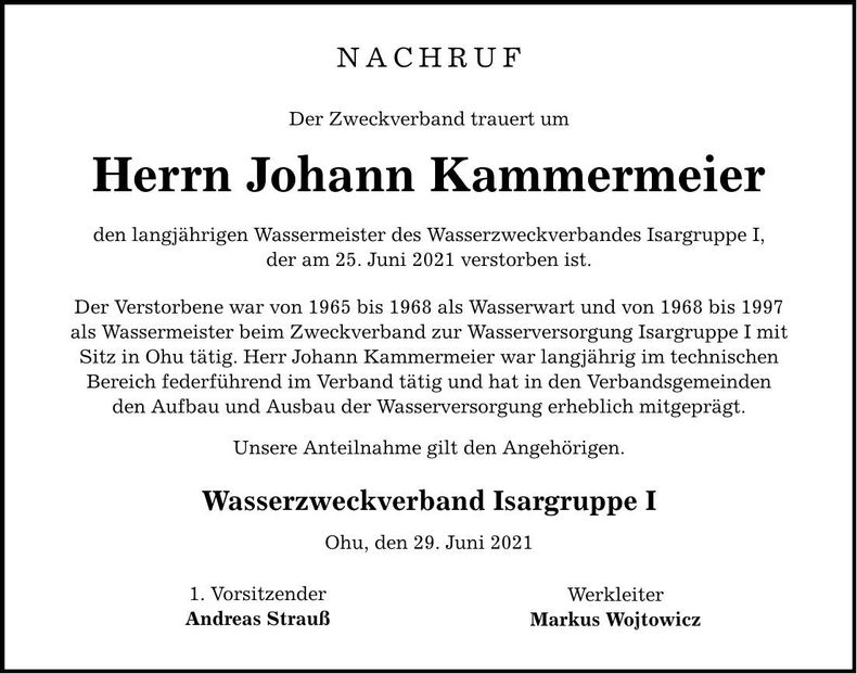 Traueranzeige Johann Kammermeier