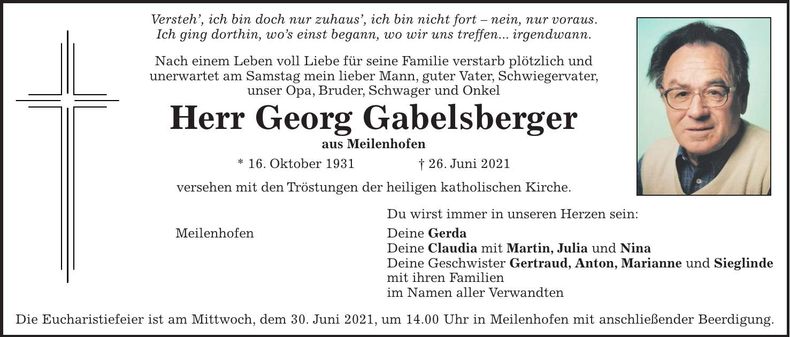 Traueranzeige Georg Gabelsberger