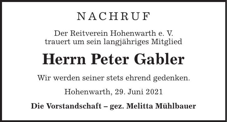 Traueranzeige Peter Gabler