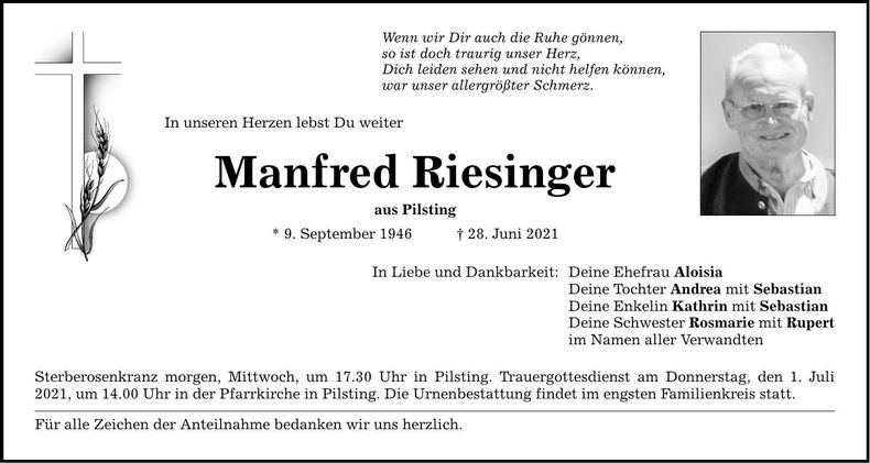 Traueranzeige Manfred Riesinger