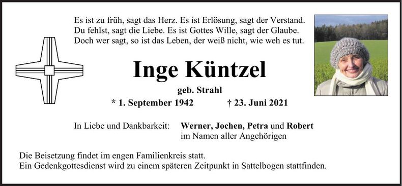Traueranzeige Inge Küntzel